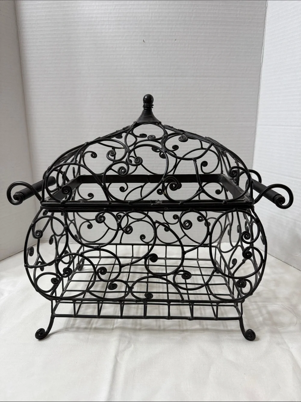 Vintage Wrought Iron Style Scrollwork Decorative Centerpiece Basket with Lid